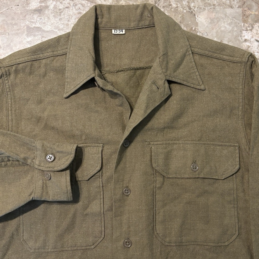Vintage 1940s Shirt Mens 15.5 34 Wool Flannel WWII Army Olive Drab True